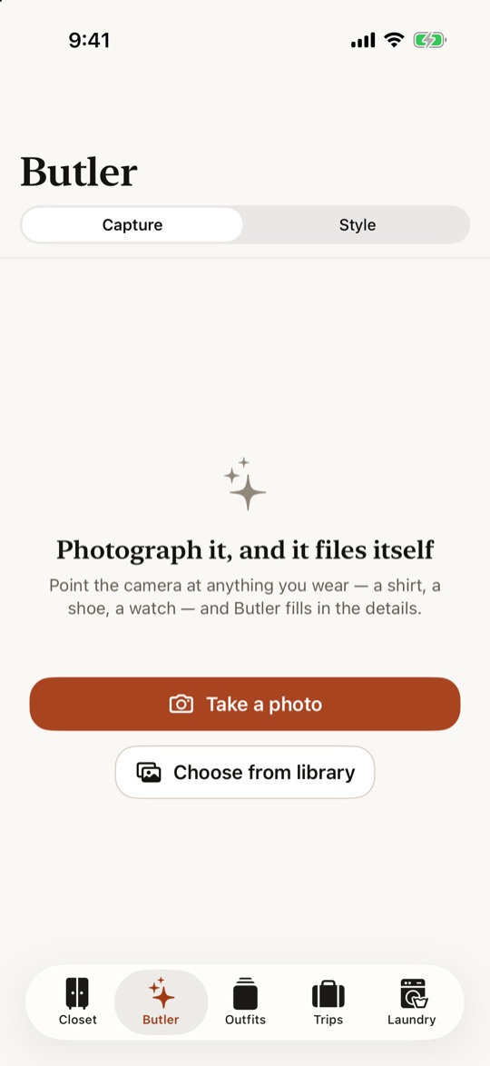 Butler: Photograph it, and it files itself. Buttons to take a photo or choose from your library.