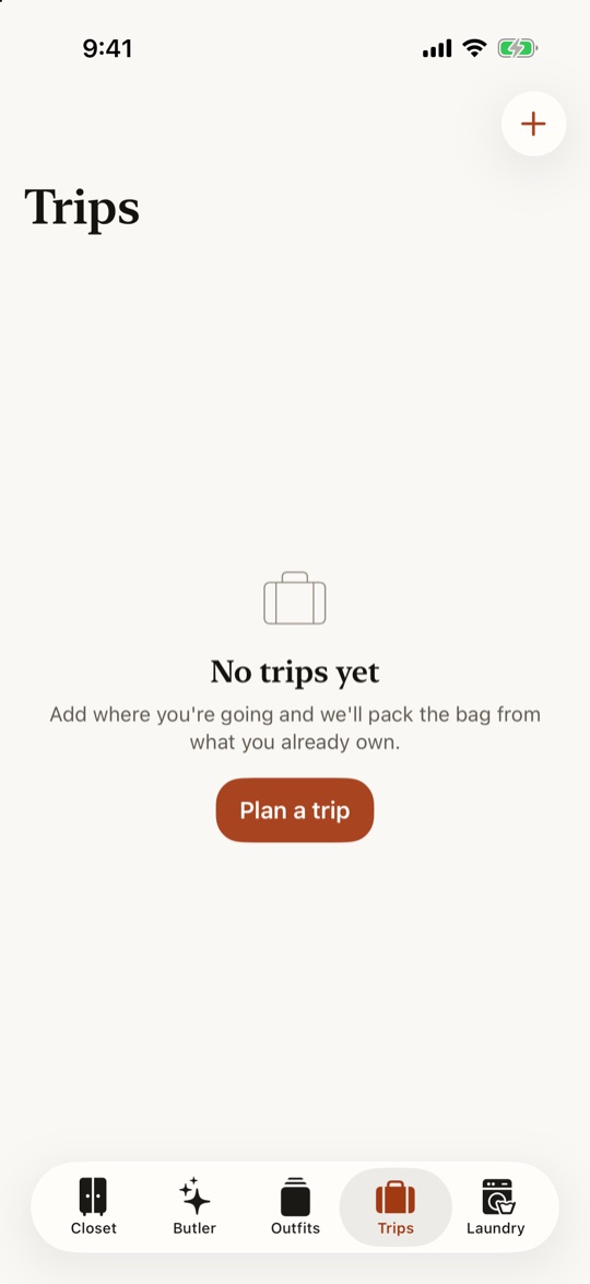 Trips: No trips yet. Add where you're going and we'll pack the bag from what you already own.
